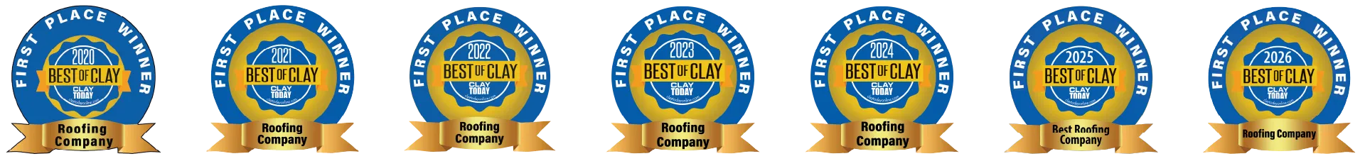 Best of Clay Roofing Company winner badges for 2020, 2021, 2022, 2023, 2024, 2025, and 2026